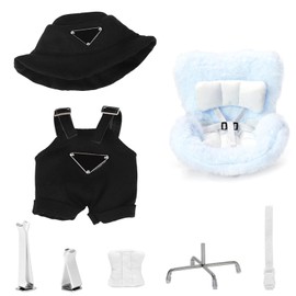 17cm Doll Clothes Set(NO Dolls),Car Seat for 10-17cm Dolls,Outfit Set with Hat & Overalls+Doll Car Seat Vent Clip with Seat Leg,Cute and Functional Accessories Suit+Chair(Black Clothes+Green Dress)