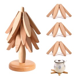 Wooden Trivets for Hot Dishes, Wooden Tree Coasters (3 Wooden Coasters + 1 Stand), Christmas Tree Shaped Trivet Mats, Home Decor for Table Protection for Drinks, Plates, Pots, Pans (Beech Wood)