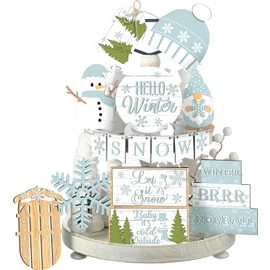 FairySandy Winter Tiered Tray Decor Winter Snowman and Snowflakes Wooden Signs Farmhouse Winter Tiered Tray Decorations Set Wood Table Decor for Winter Holiday Home Kitchen(Cute Style)