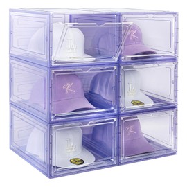 SCAVATA 6 Pack Hat Organizer Box, Stackable Clear Baseball Caps Holder Box Containers with Magnetic Door for Hats Snapback Cap Storag, Hat Rack Display Case, Holds 8 Hats Each (Purple)