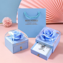 muchly Rose Ring Box，Proposal ring box rotates 360 degrees. Square Velvet Jewelry Box for Proposal Ring, Ceremony, Wedding or Special Occasions (light blue)