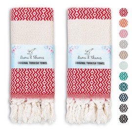 Rumi&Shams - Toallas de mano turcas para baño | 2 toallas de mano de baño | Toallas de cocina decorativas 100% algodón | Toallas de mano bohemias de 16 x 35 pulgadas | Toallas de mano rojas certificadas Oeko-Tex