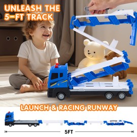 Best Toddler Toys Gifts for 3 4 5 6 Years Old Boys Girls, Transformable Truck with Race Cars, 5.3 ft Dual Race Track Toddler Car Toys Set for Kids Birthday (Bule)