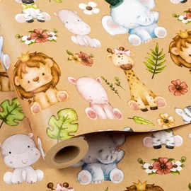 Yarcony Kraft Baby Shower Wrapping Paper, Jungle Animals Wrapping Paper, Cute Little Lion Giraffe and Elephant Themed Baby Gift Wrap for Kids Girls Boys Birthday Party Gender Neutral (17 In X 33Ft)