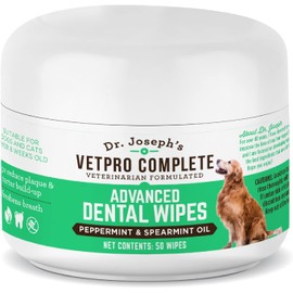 VetPro Complete Dr. Joseph's Advanced Dog Dental Wipes, 50 Count, Easy Teeth Cleaner for Dogs and Cats with Peppermint and Spearmint, Freshens Breath, Reduces Tartar