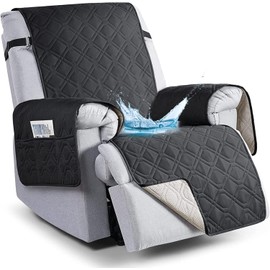 QQJIN 100% Waterproof Recliner Chair Cover with Pockets, Elastic Strap, Non-Slip Recliner Armchairs Covers, 1 Seat Anti-fouling Recliner Cover for Kids, Dogs, Pets,Black,1 Seater