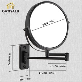 owosald Wall Mounted Makeup Mirror, Double-Sided 1X/10X Magnifying Mirror, Extendable Arm Vanity Mirror, 360° Swivel HD Bathroom Mirror for Makeup, Black Finish (Chrome, 9")