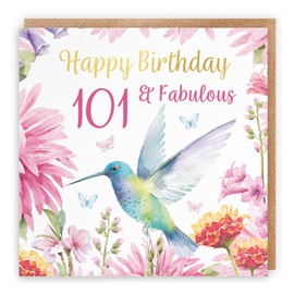 Hunts England - Hummingbird 101st Birthday Card For Her - With Gold Foil - Pretty Flowers - Milo's Gallery - Age 101 - Age One Hundred And One - 101 Year Old - Women's 101st Birthday Card