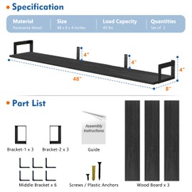 Harwaya 48 Inch Floating Shelves for Wall Set of 3, Long Wall Book Shelves for Bedroom Living Room, Large Vintage Floating Bookshelf for Office Classroom Library Kitchen Closet Organizer (Black)