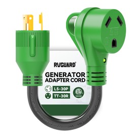 RVGUARD 3 Prong 30 Amp to 30 Amp RV Generator Adapter Cord 12 Inch STW 10/3, L5-30P Locking Male Plug to TT-30R Female with LED Power Indicator, Green