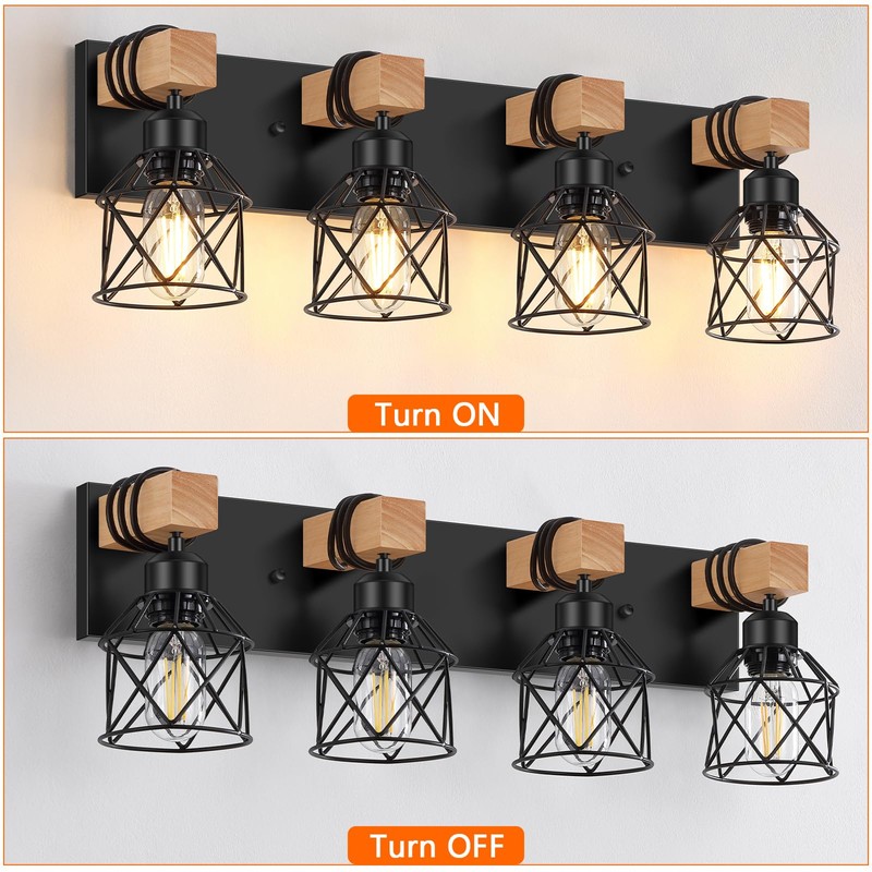 FadimiKoo 4-Light Rustic Style Wood Bathroom Vanity Light Fixtures, Black