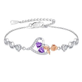 Iefil Amethyst Bracelet for Women, February Birthstone, Sterling Silver Heart Charm Bracelets, Anniversary Birthday Gifts for Women Wife Mom Daughter