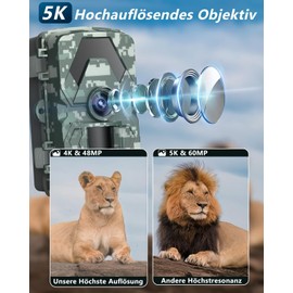 Wildlife Camera, 5K 60MP Wildlife Camera with 98FT 130 Wide Angle, 0.05s Trigger Time, Night Vision, Motion Sensor, Hunting Camera, IP66 Waterproof, No Glow Infrared LEDs for Garden with 64GB Memory