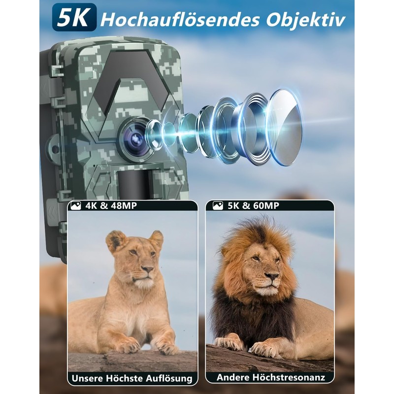 Wildlife Camera, 5K 60MP Wildlife Camera with 98FT 130 Wide