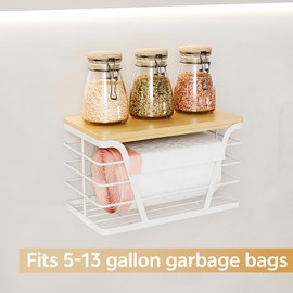 TIDIIABODE Trash Bag Dispenser with Bamboo Top for Laundry Room Organization,Stackable Storage Organizer Trash Bag Holder under Sink, White