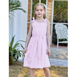 Enlifety Summer Dresses for Girls Size 5 6 Pink Striped Dress Sleeveless Casual Beach School Sundress Swing Frocks for Granddaughter Niece Birthday Gift