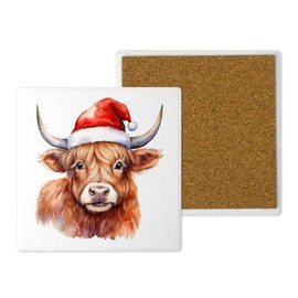Festive Highland Cow Ceramic Coaster – 10cm x 10cm Handprinted in the UK | Watercolour Santa Hat Design, Christmas Drinks Coaster
