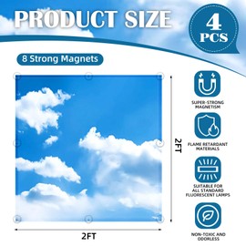 ANGSYLTH 4 Pcs Fluorescent Light Covers - 2 x 2 Feet Covers for Ceiling Lights, Magnetic Light Filters for Classroom, Office, Hospitals, Home (Blue Skies & White Clouds)