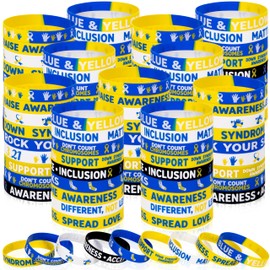 144Pcs Down Syndrome Awareness Silicone Silicone Bracelets Bulk, Blue and Yellow Rubber Wristbands Decorations Gifts Party Favors