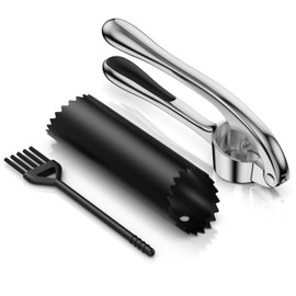 Arendo - Stainless Steel Garlic Press Ginger Press - Zinc Alloy - Easy Grip Great Leverage - Includes Garlic Peeler and Cleaning Brush - Garlic and Ginger