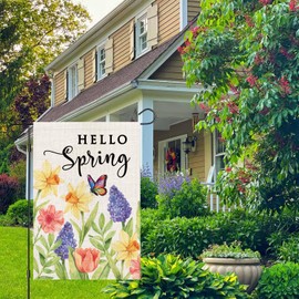 zeevly Hello Spring Garden Flag 12x18 Inch Double Sided Daffodils Floral Butterfly Small Burlap Yard Flag for Outside
