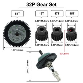 GLOBACT for 1/10 Traxxas Slash 4X4 Slipper Clutch/Stampede 4X4/Rustle 4X4 Metal Steel Differential Gear 32P 54T Spur Gear with 15T/17T/19T Pinions Gear Sets Parts Upgrade Replace Traxxas 6878