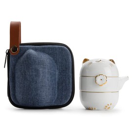 RORA Juego de té de viaje con bolsa portátil, juego de tetera de cerámica hecha a mano Kung Fu, tetera todo en uno, 1 olla 2 tazas, adecuado para viajes, oficina y hogar (blanco)