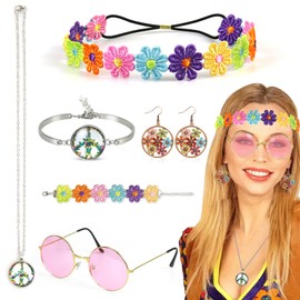 Oerphh 7 Pieces 70s Hippie Flower Power Accessories Hippie Costume Set with Necklace, Earrings, Headband, Bracelet, Sunglasses, 60s 70s Clothing Women for Disco Party, Cosplay (Multi-Colour-02)