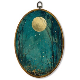 XPH Enchanted Forest Moon Round Wall Art Framed, Moody Dark Mystical Forest Circle Wall Decor, Gothic Starry Sky Nature Hanging Canvas Prints for Office Home Room Decoration, 8.6x11.4 inch