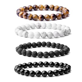 TOEECY Set of 4 Men's Lava Stone Tiger's Eye Bracelet Bead Bracelets Set Elastic Ball Bracelet Chakra Natural Stone Bracelet Great Gift Idea Birthday Gift for Men