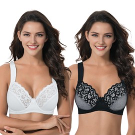 Curve Muse Plus Size Unlined Underwired Lace Bra, with Padded Shoulder Straps, Pack of 2