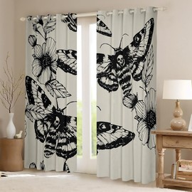 Gothic Skull Window Drapes Decorative Death Moth and Flowers Curtains For Kids Teens Bedroom Decor Breathable Pesonalized Skeleton Bones Curtain Black Cream Window Curtains(2 Panels, 42 x 84 Inch)