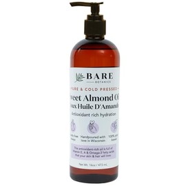 BARE BOTANICS Aceite Corporal De Almendras Dulces 100% Puro, 473 Ml(16 Oz)- Prensado En Frío Y Natural Para Hidratación Completa - Aceite Portador Multiusos Para Productos Caseros - Hidrata Piel, Cabe