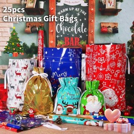 Christmas Gift Bags 25pcs, Christmas Gifts Ideas, Reusable Drawstring Gift Bags with Tags, Large & Medium Bulk Xmas Wrapping Bags, Holiday Party Favor Bags for Kids Presents, Santa & Snowflake Decorative Bags.gifts boyfriend