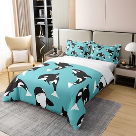Killer Whale 100% Cotton Duvet Cover 135 x 200, Cartoon Killer Whale Comforter Cover for Children, Coastal Sea Animal Bedding Set, Kawaii Sealife Room Decor Quilt Cover with Zip, Blue, Black, White