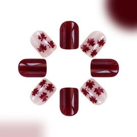 Fall Press on Nails Short Square Fake Nails with Maple Leaf Designs Glossy Warm Brown Glitter Acrylic Nails Full Cover False Nails with Glue Autumn Glue on Nails Short Stick on Nails for Women 24PCS