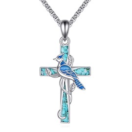 URONE Blue Jay Necklace 925 Sterling Silver Turquoise Cross Pendant Blue Jay Jewelry Gift for Women Men