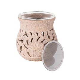 NKlaus Incense Burner 9 x 8 cm Soapstone - Bulbous, with Flower Motif, Hand Carved with Incense Strainer & Engraving, for Herbs, Resins & Meditation 16688
