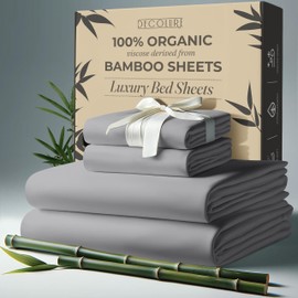 DECOLURE 100% Organic Viscose Derived from Bamboo Sheets King Size 4pcs - Ultra Soft & Luxuriously Cooling, 17" Deep Pocket, Double Stitching, Perfect for Hot Sleepers - King Bed Sheets (Midgrey)