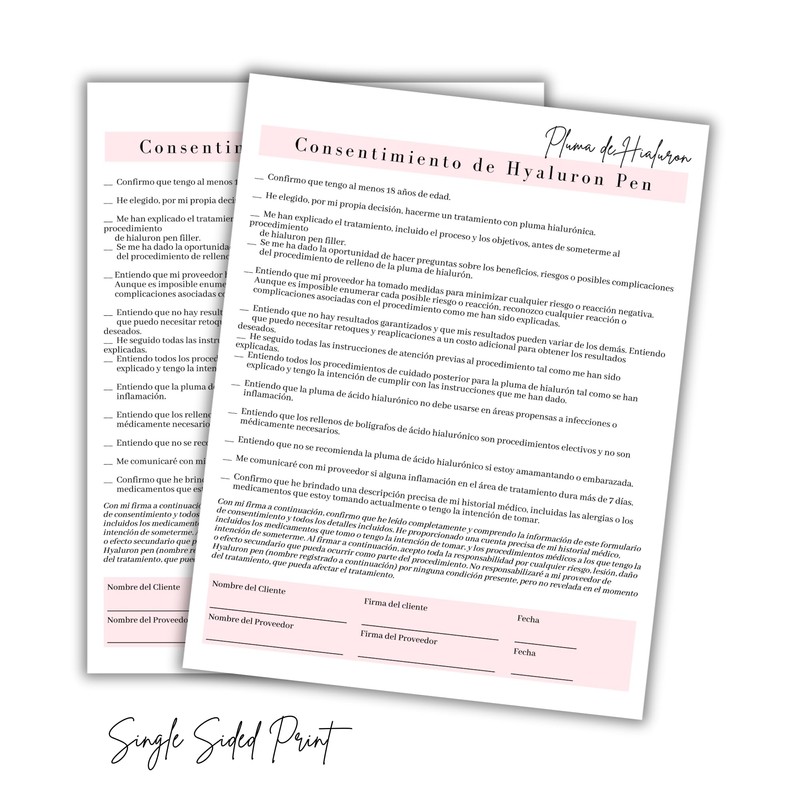 Spanish Hyaluron Pen Intake, Consent, Aftercare Forms 75 pk, 25