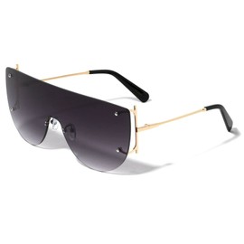 Dweebzilla XL Flat Top Rimless Square One Piece Shield Lens Luxury Aviator Sunglasses (Gold & Black Frame, Black Gradient Lens)