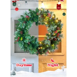Pre-Lit Artificial Christmas Wreath for Front Door, Green, 50 LED Lights, Decorated with Pine Cones, Red Berry Clusters, Frosted Branches, Hari Leaves, Christmas Collection, 24 Inches