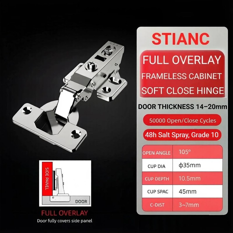 20 Pcs Full Overlay Frameless Soft Close Cabinet Hinges,105° 3-Way