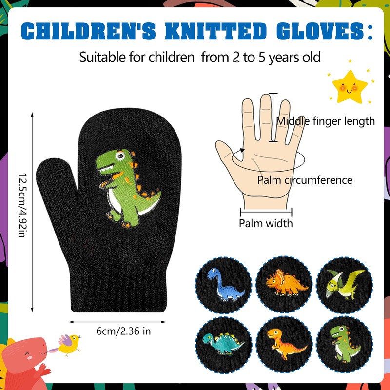 QKURT Toddler Knitted Mittens, 6 Pairs Children's Dinosaur Winter Mittens