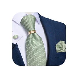DiBanGu Mens Silk Cufflinks with Gold Tie Ring Woven Pocket Square with Gift Box Paisley Solid Tie Formal Wedding Sage Green One Size, sage green