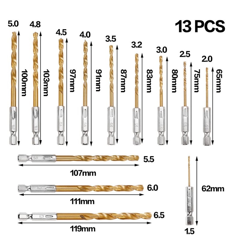 13-Piece Metal Drill Bit Set Titanium Coated HSS Twist Drill