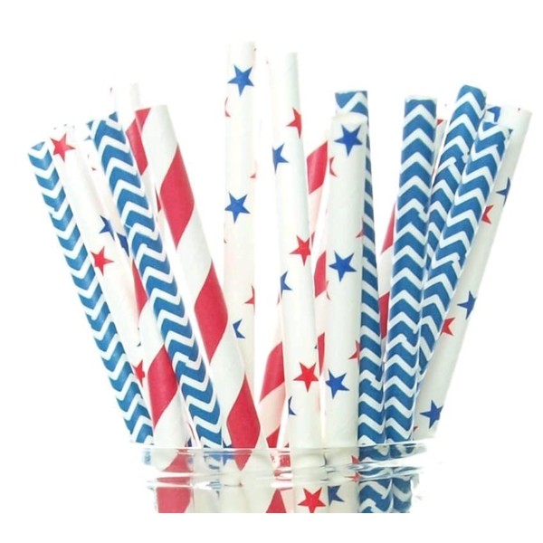 4th of July Straws USA Red, White & Blue Paper Party Straws (25 Pack) - America Patriotic BBQ Supplies
