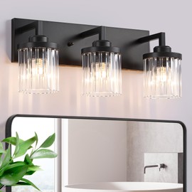 EvmVom 3 Light Bathroom Vanity Light, Matte Black Vanity Lights with Crystal Glass Shade, Modern Farmhouse Wall Sconces, Bathroom Lighting Fixtures Over Mirror,E26 Base