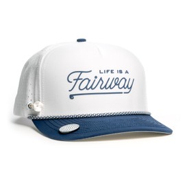 BRIMZ Golf Performance Hat - Breathable Sweat & Water Resistant Golfing Snapback Cap with Tee Holder & Magnetic Brim - Double Sided Ball Marker & Tee Included (Life is a Fairway - White/Navy)