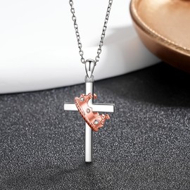 ZLILIJAN Crown Cross Necklace 925 Sterling Silver Dainty Crown Necklace Cross Necklace with Crown First Communion Necklace Jewelry Gifts for Women, adjustable, Sterling Silver, Cubic Zirconia